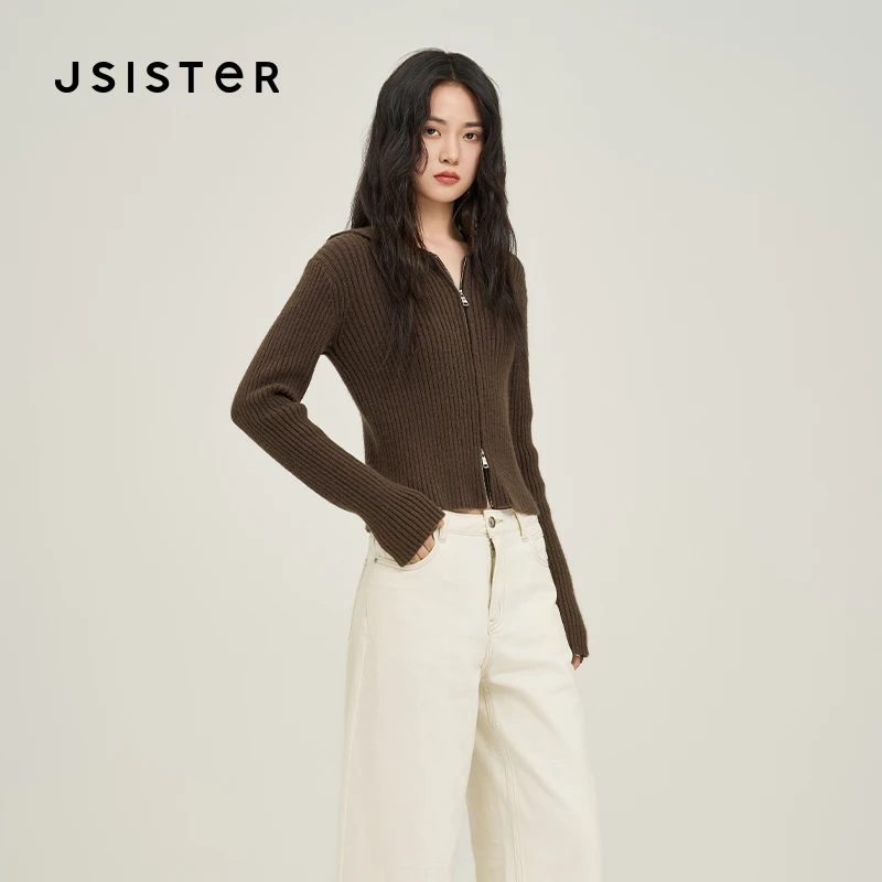 jsister 2025早春新款 JS女装咖色修身连帽针织衫 S434204220