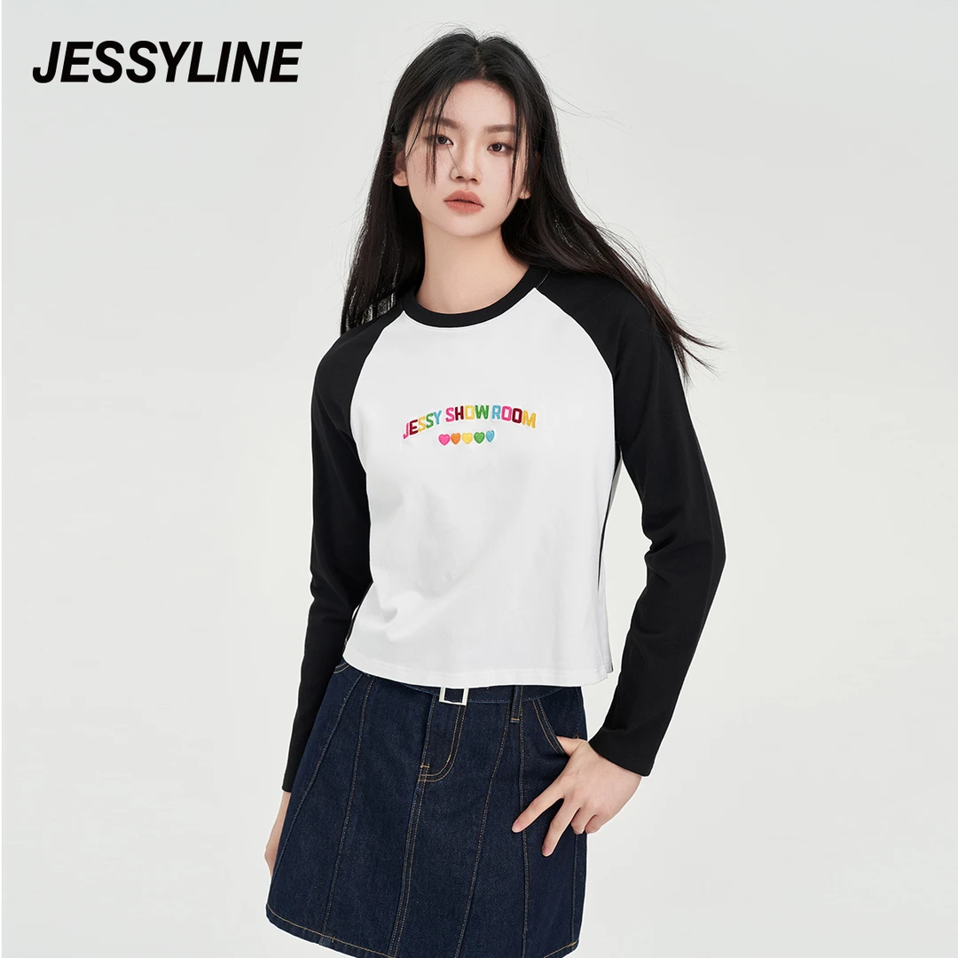 jessyline 秋季新款杰茜莱简约时尚T恤长袖秋冬学院百搭女士