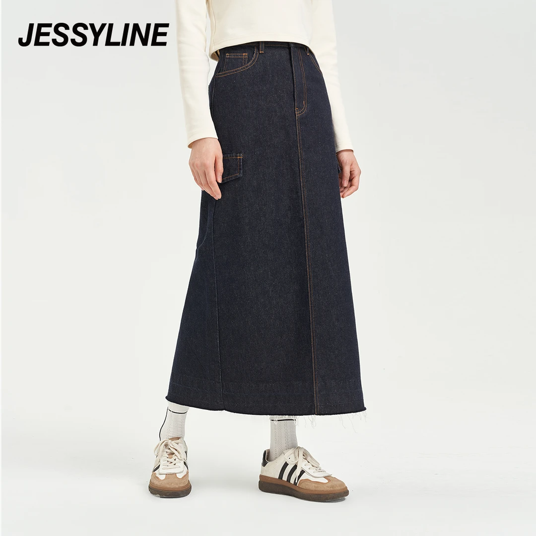 jessyline 秋季新款杰茜莱深蓝简约牛仔半身裙通勤千金文艺风