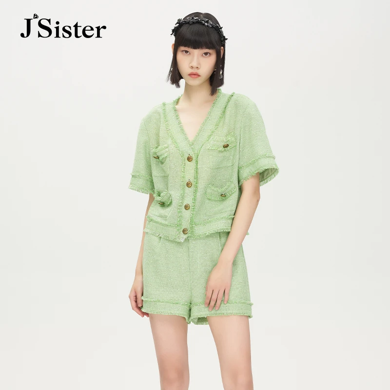 JS夏装新款 女装时尚绿色小香风上衣jsister薄荷曼波穿搭短款
