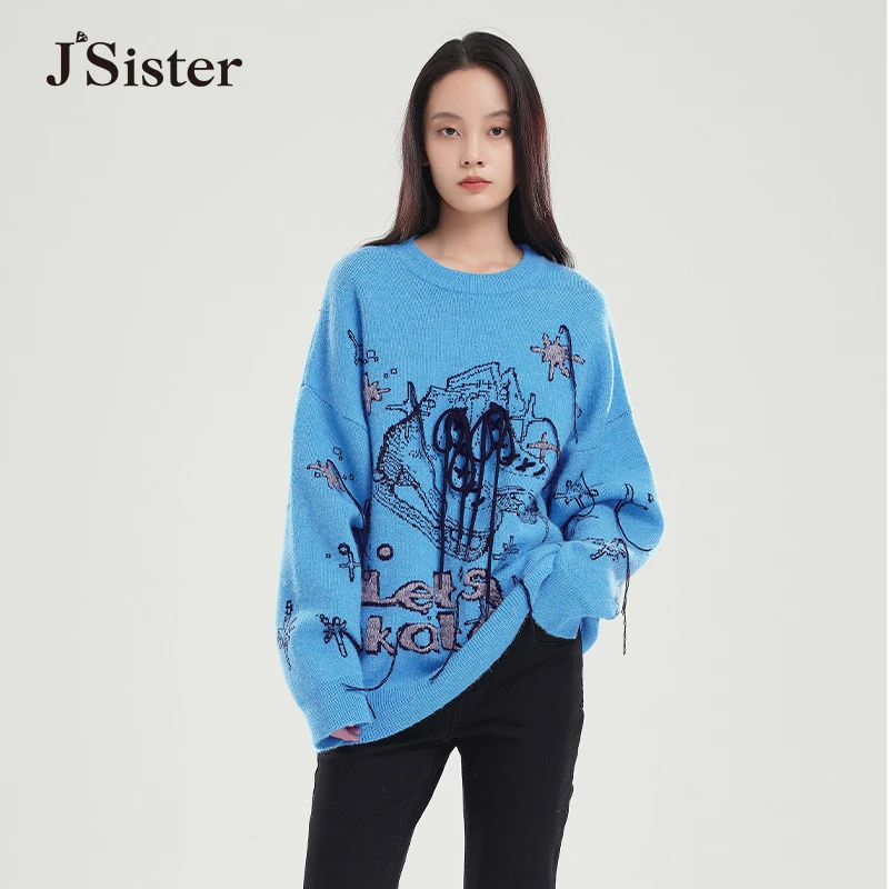 jsister 冬装新款 JS女装时尚蓝色艺术圆领针织衫 S244104438毛衣