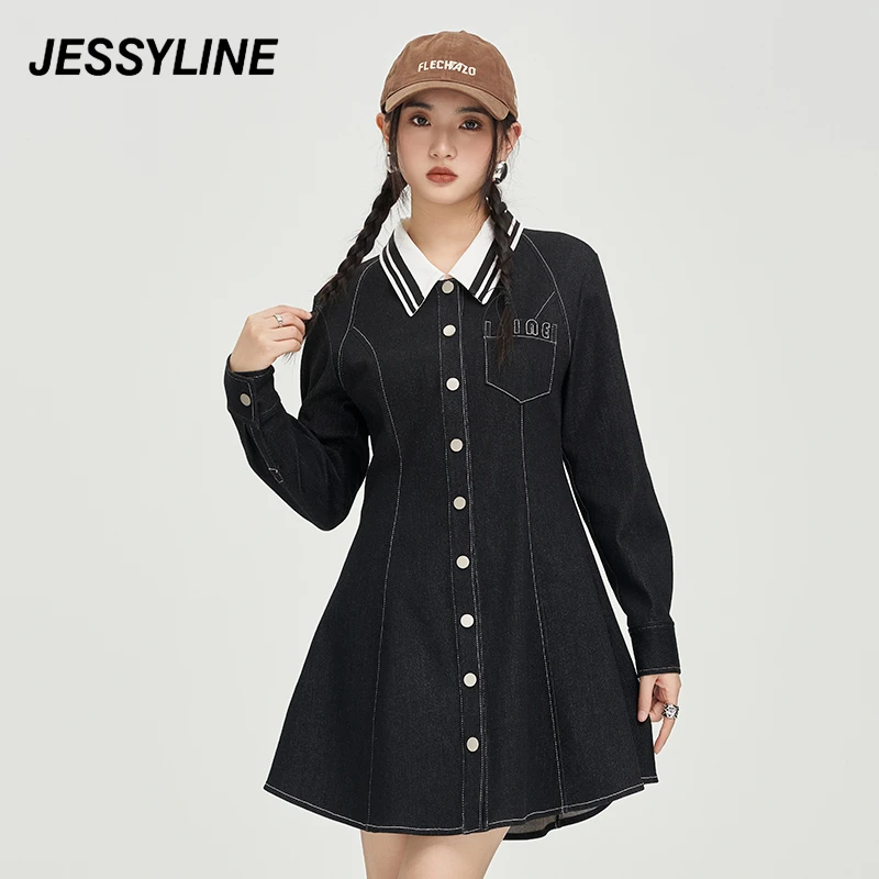 jessyline 杰茜莱黑色牛仔衬衫连衣裙秋季新款