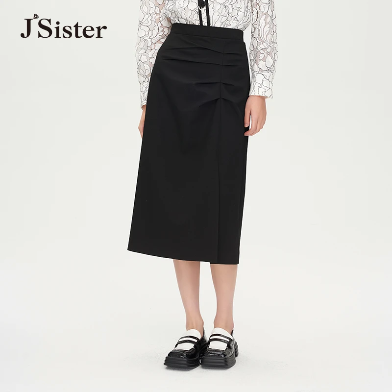 jsister秋季新款通勤JS黑色百搭气质半身裙时尚千金