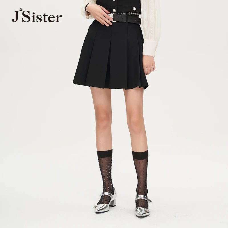 jsister秋新款 JS女装百搭黑色百褶a字半身短裙 S311112007
