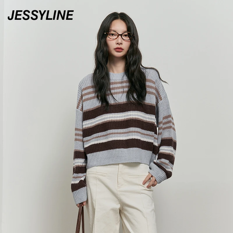 jessyline秋装新款 杰茜莱时尚条纹撞色套头短款针织衫女毛衣