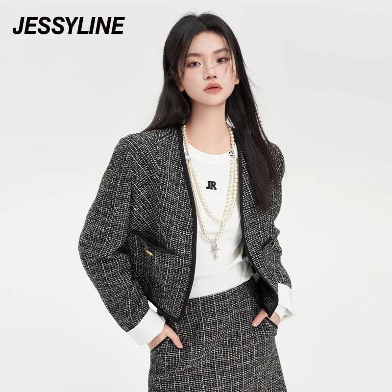杰茜莱百搭小香风v领短款小外套女秋季新款夹克衫 jessyline