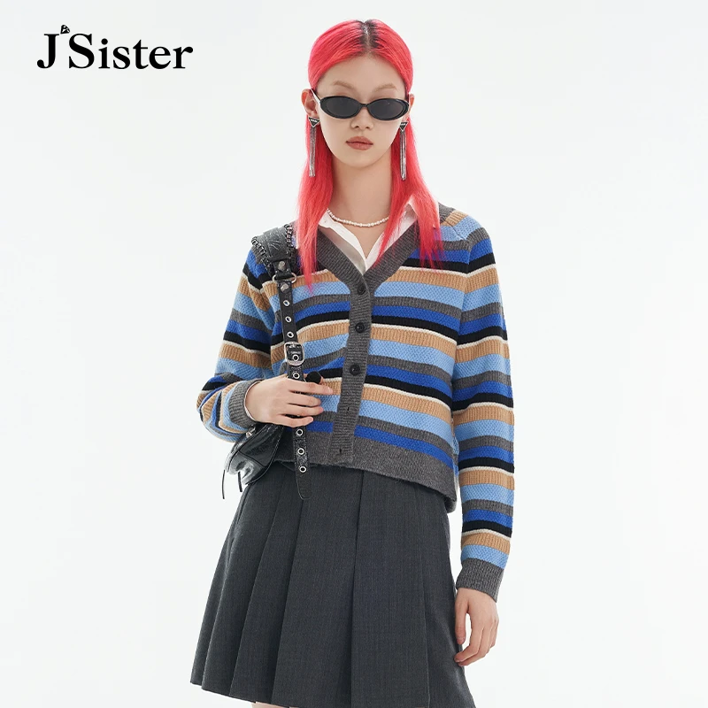 jsister秋季新款JS女装时尚撞色条纹针织衫 S332104107