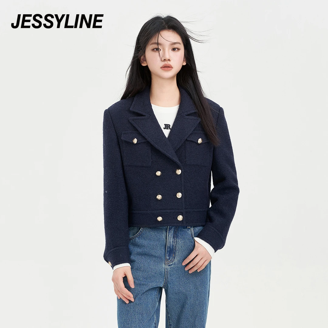 jessyline 秋季新款杰茜莱藏青毛呢外套羊毛翻领大衣通勤