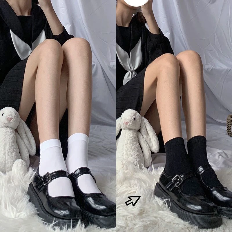 小白袜天鹅绒袜子女潮中筒袜jk黑白色日系可爱短袜夏天薄款白丝袜