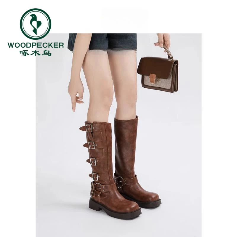 啄木鸟棕色不过膝长筒靴女2024春夏新款西部牛仔靴长靴高筒骑士靴