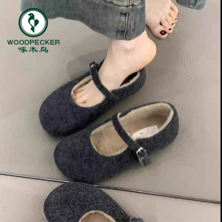 啄木鸟法式复古浅口加绒毛毛鞋女外穿2024新款秋冬玛丽珍单鞋棉鞋