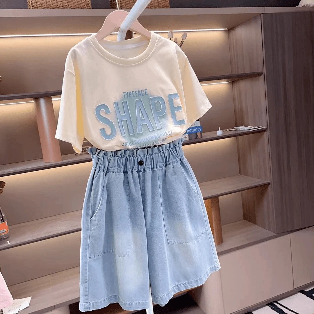 2025女童套装夏款中大童蓝色字母短袖新款儿童时髦夏季牛仔短裤潮