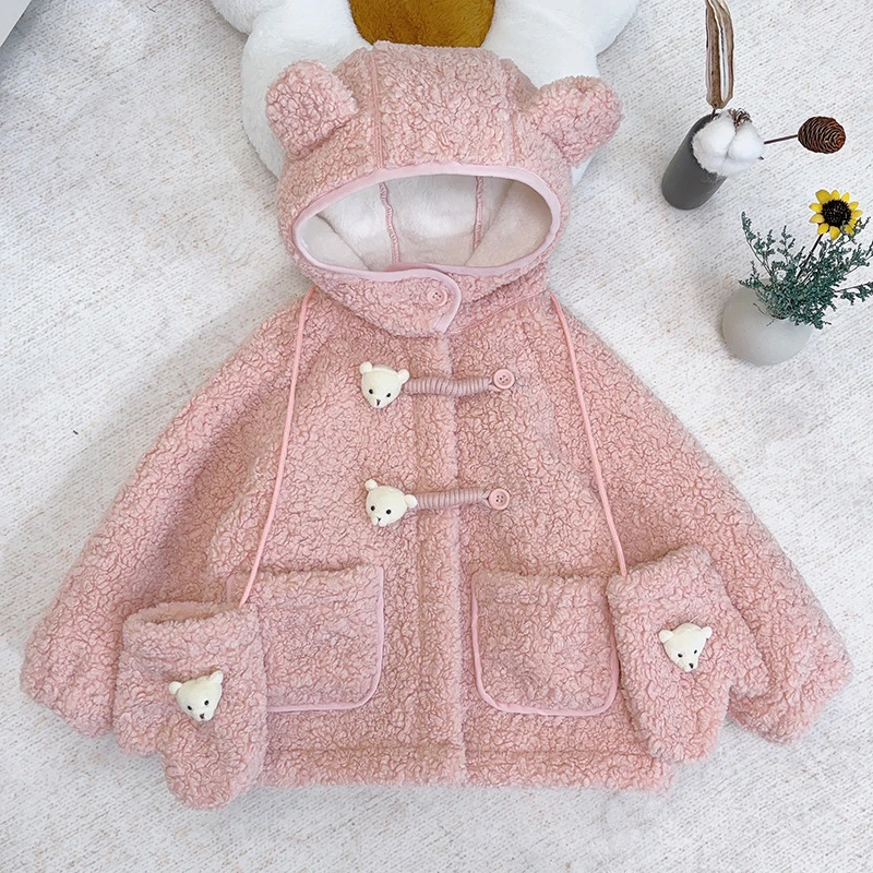 女童秋冬季韩版外套2024新款童装连帽保暖毛毛衣加绒加厚儿童冬装