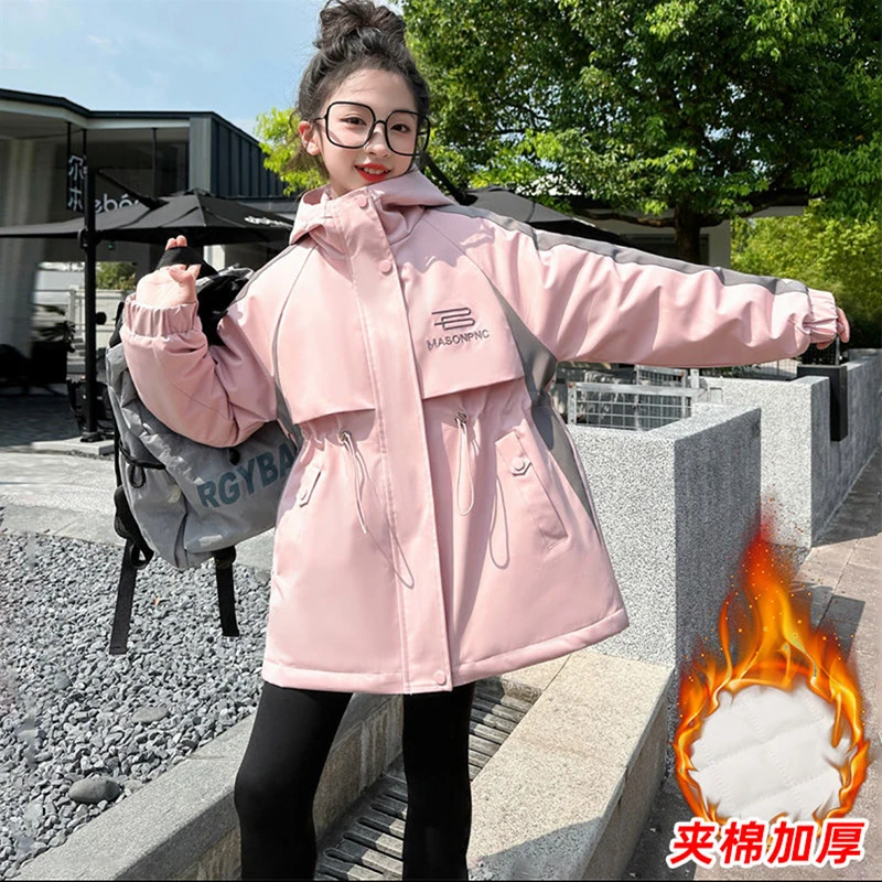 女童冬季加绒加厚风衣2024新款中大童保暖防风中长款休闲外套洋气