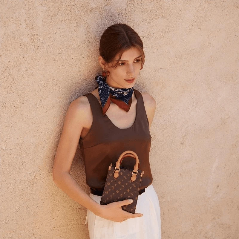 ELLE25新款老花方包拼色单肩手提百搭通勤包包24253