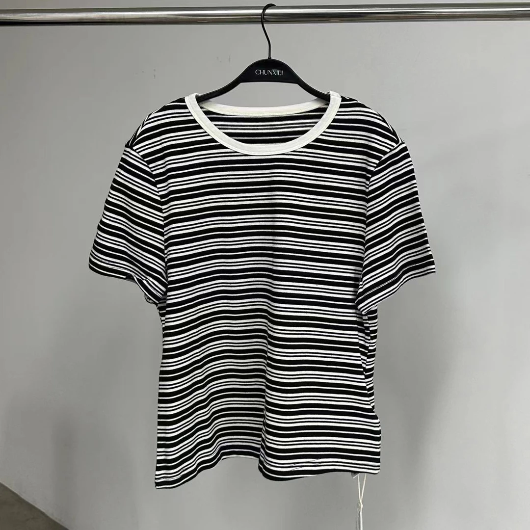 CHUNXILI/黑白条纹T恤 夏天圆领短袖上衣 S23086