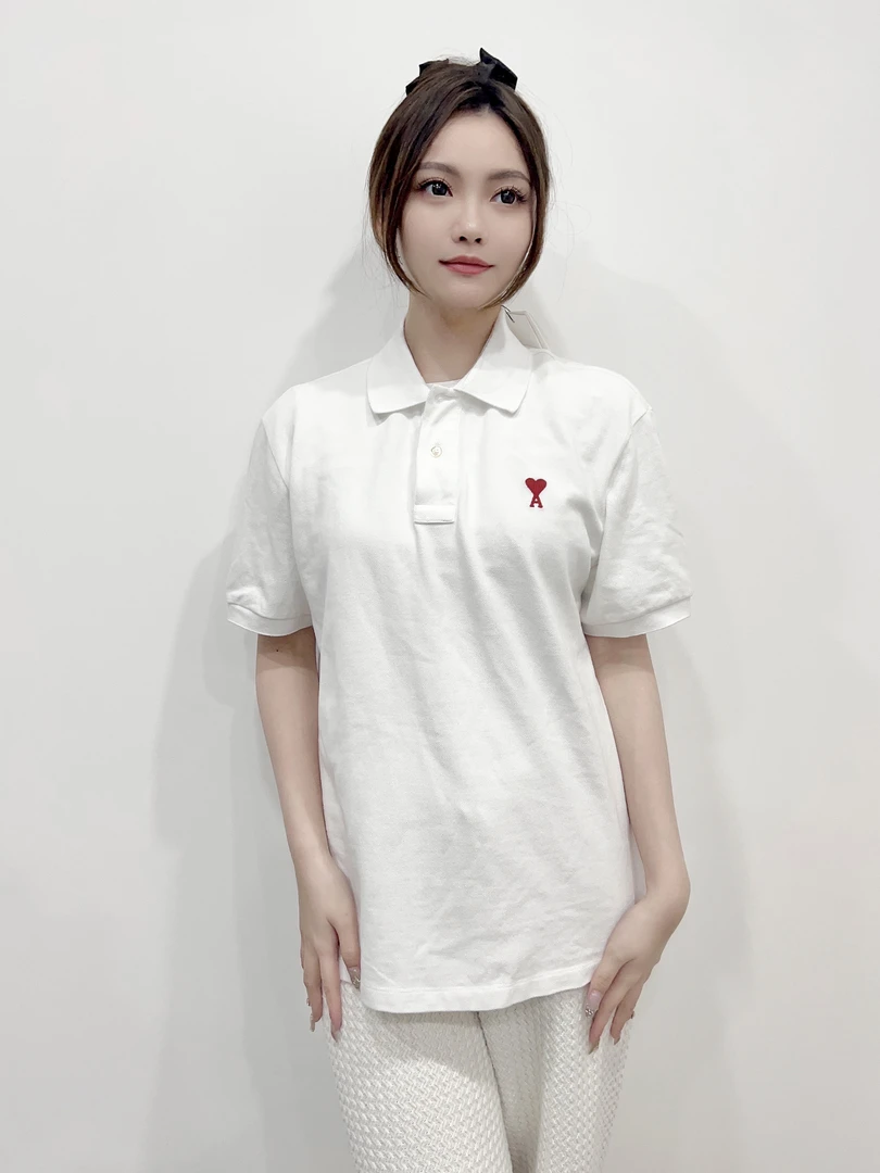 99新  AMIPARIS 爱心Logo纯色翻领短袖Polo衫男女同款白色