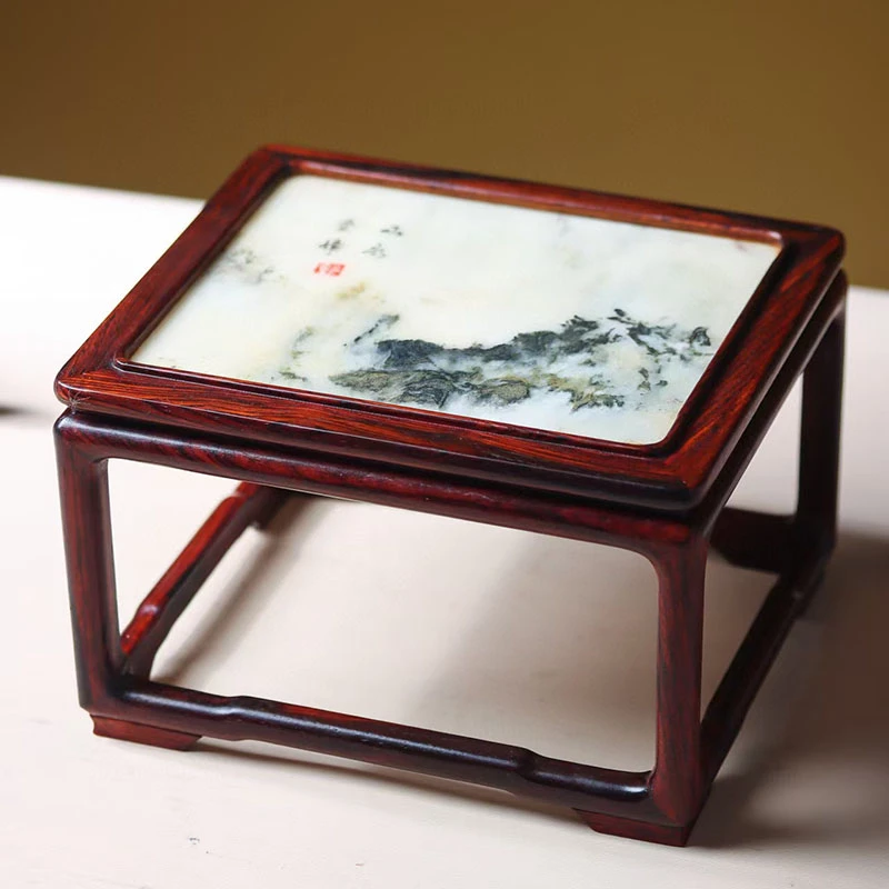 红酸枝嵌云石长方形玉器摆件花瓶盆景古玩底座工艺品实木质托架