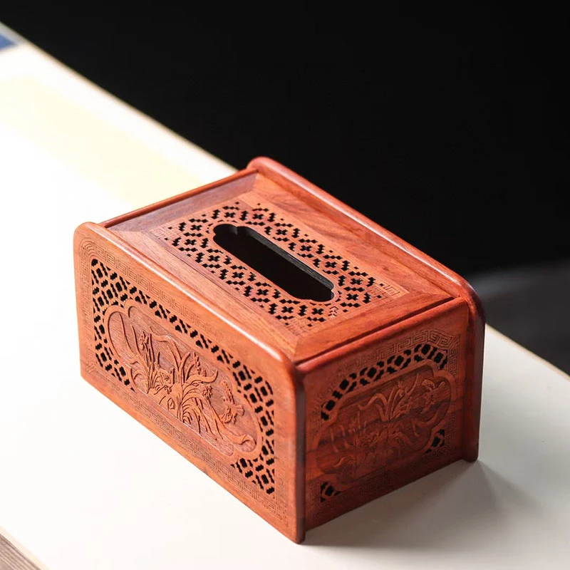 缅甸花梨镂空纸巾盒桌面客厅抽纸盒实木纸巾盒茶几餐巾纸收纳盒