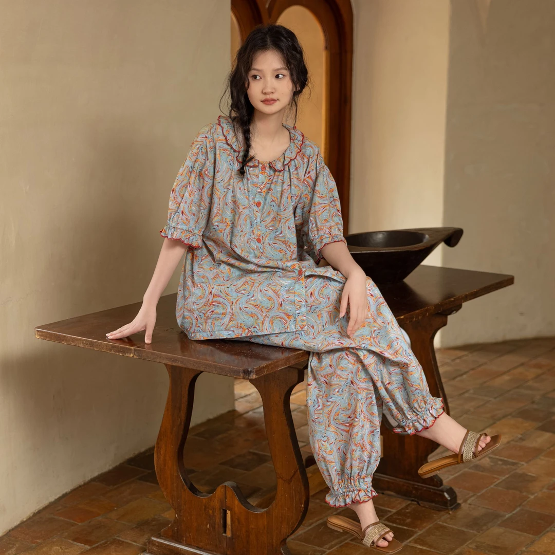 族玛士夏季纯棉睡衣女士短袖长裤碎花复古薄款碎花法式家居服套装