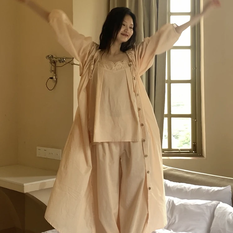 族玛士春秋季纯棉睡衣女夏季薄款背心吊带长裤睡袍加长睡裙家居服