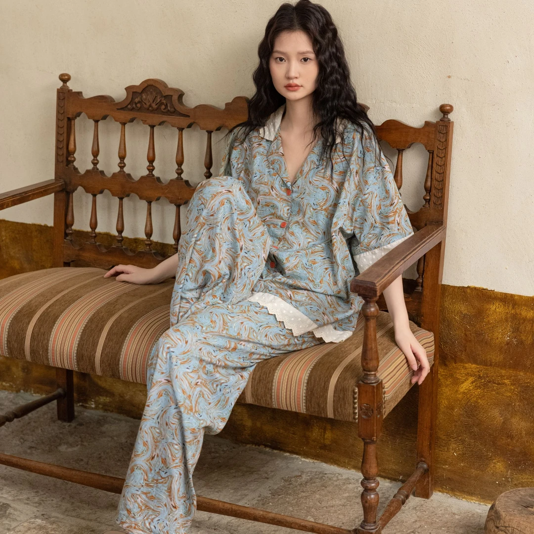 族玛士夏季睡衣女士短袖长裤短裤碎花复古薄款蕾丝甜美家居服套装