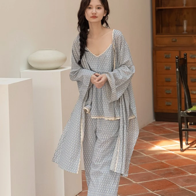 族玛士春秋纯棉睡衣女吊带胸垫三件套长袖套装法式夏季薄款家居服