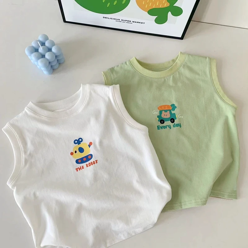 儿童夏季背心 柔软透气可爱无袖上衣T恤圆领坎肩休闲背心后背网眼