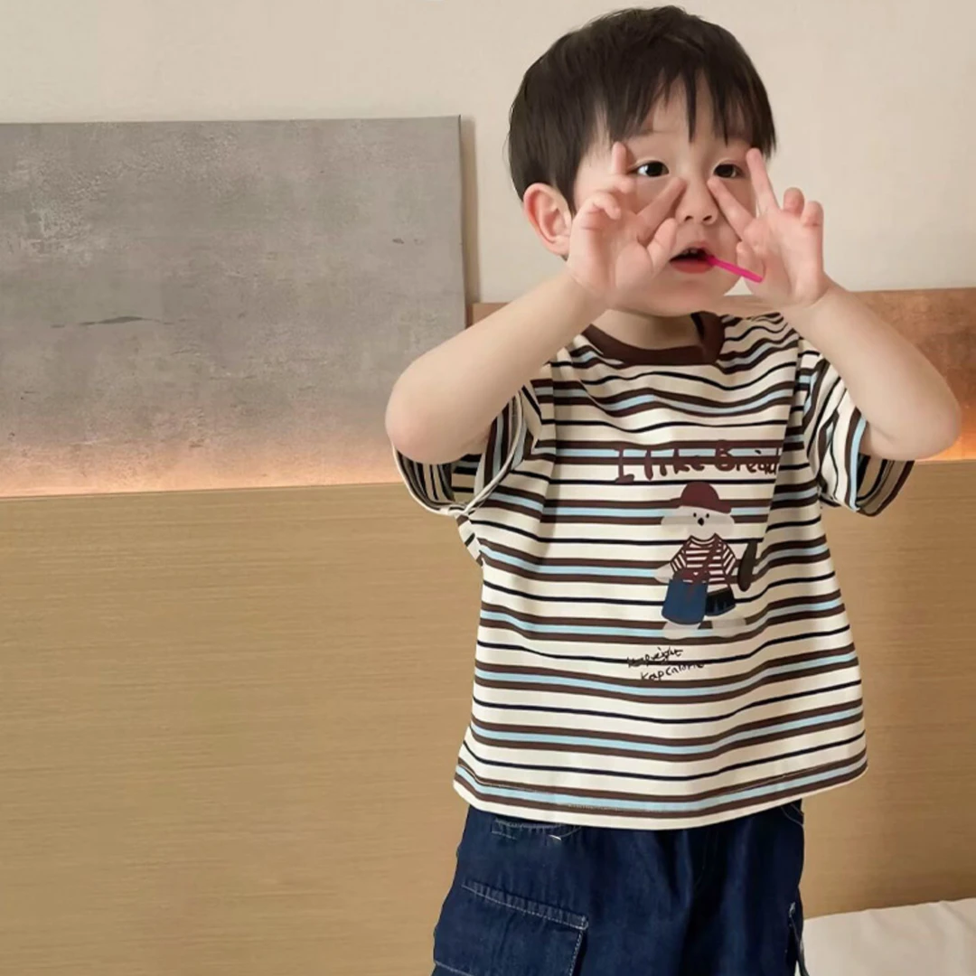 条纹控~儿童夏款复古色系咖色条纹短袖T恤男童女童纯棉圆领半袖