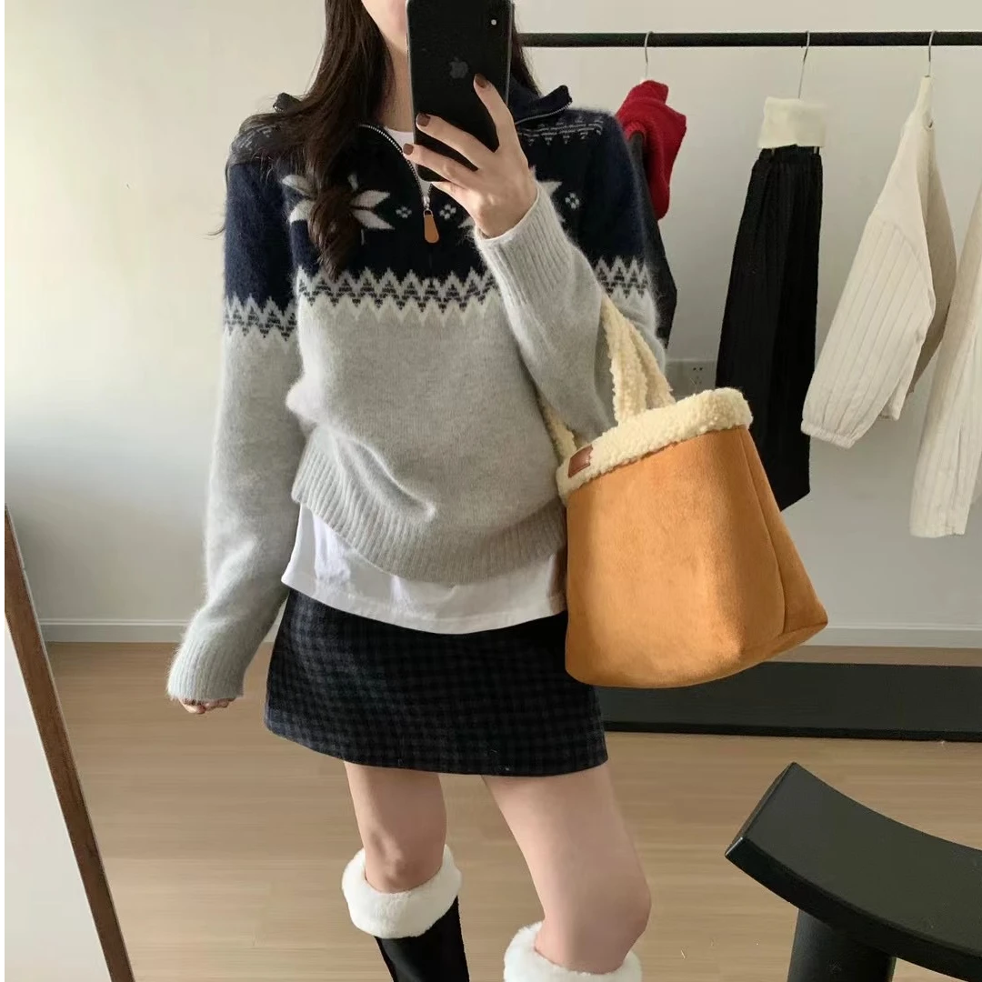 冬日氛围感圣诞半拉链费尔岛提花毛衣女宽松浣熊针织衫