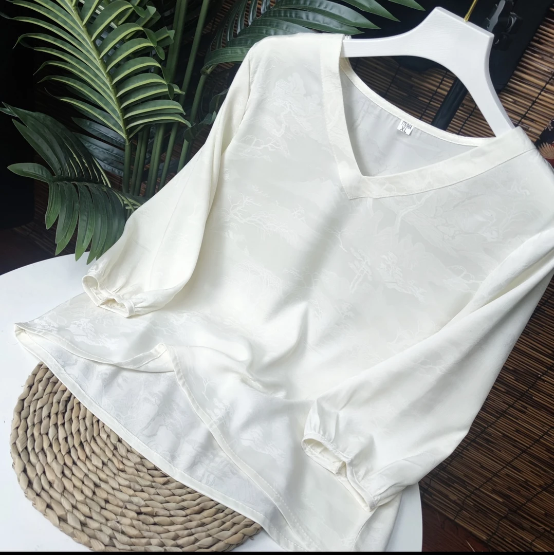 半世优选 云锦提花花螺V领长袖小衫气质减龄