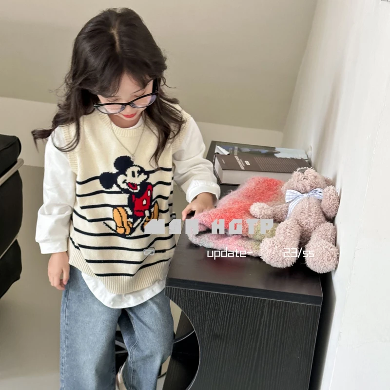 女童针织衫2024新款儿童马甲条纹背心春秋上衣