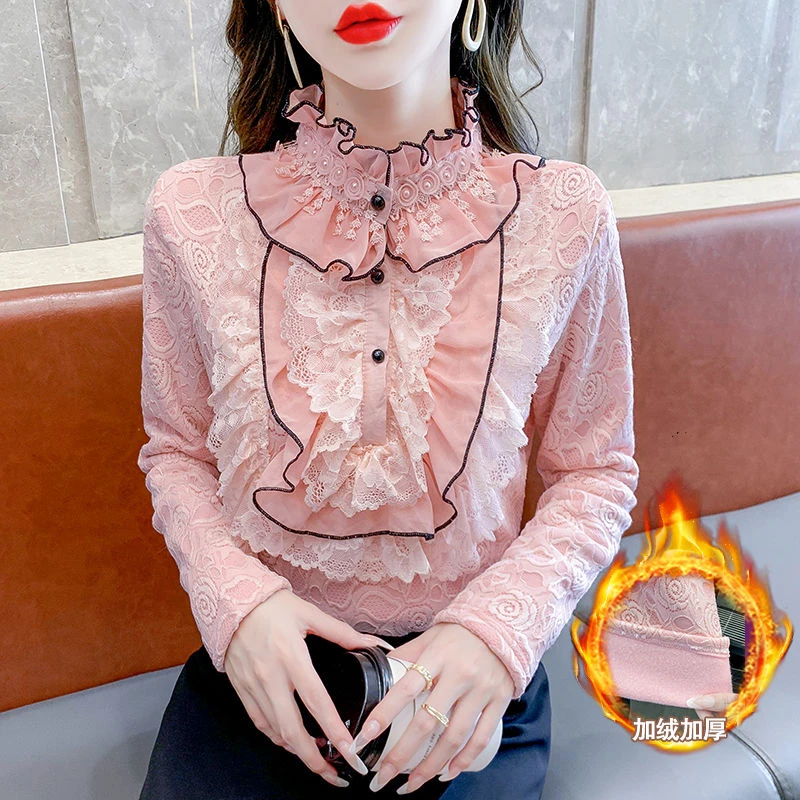 2024加加厚荷叶边打底衫女秋冬季新款长袖宽松遮肚保暖洋气小衫