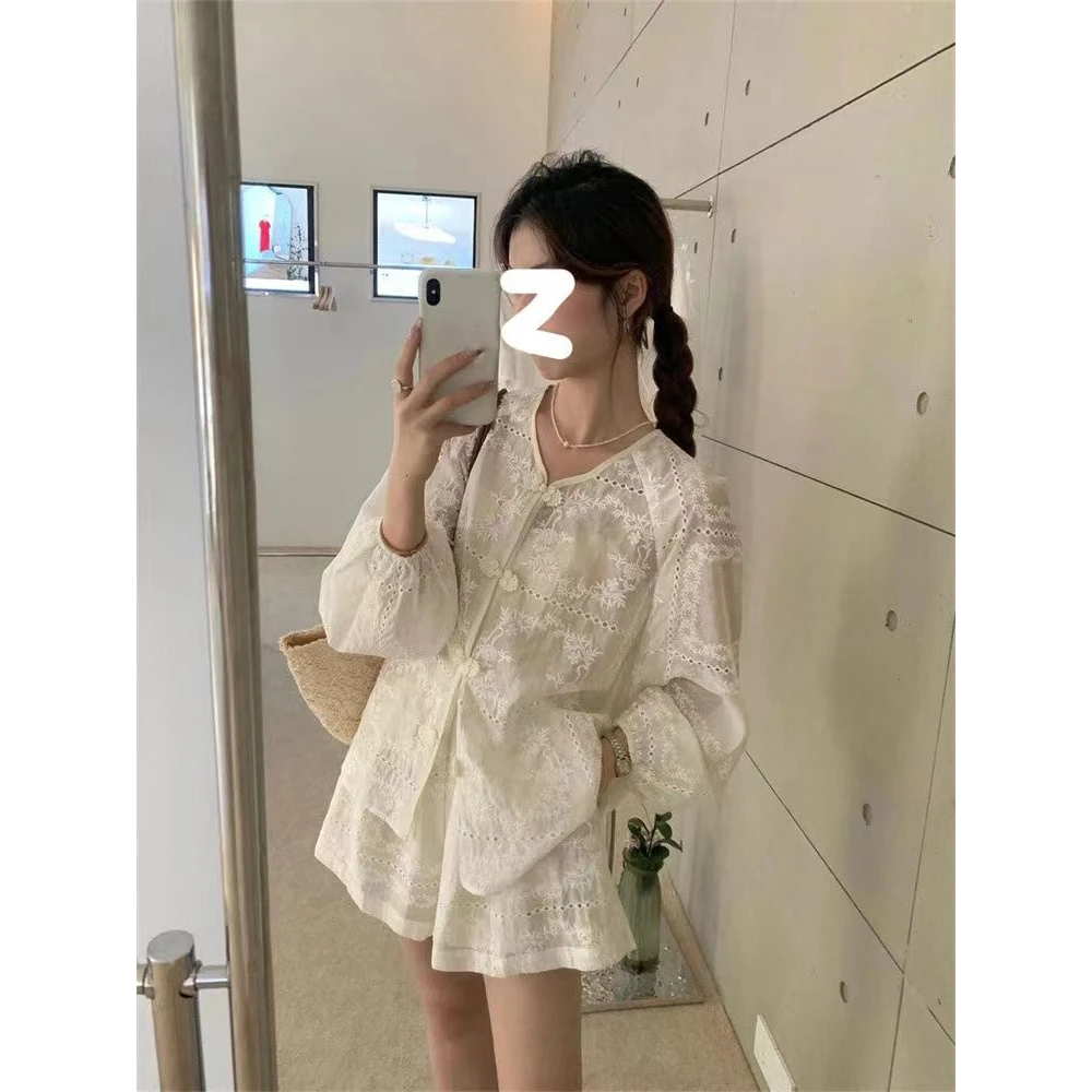 新中式国风设计感套装镂空上衣时尚洋气百搭短裤子两件套新款