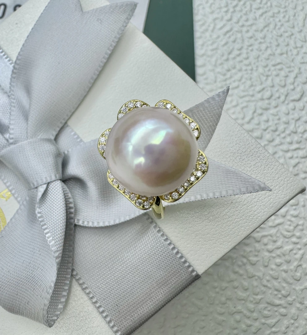 天然淡水珍珠12mm粉白光镜面极光亮珠光细腻正圆S925银镶嵌