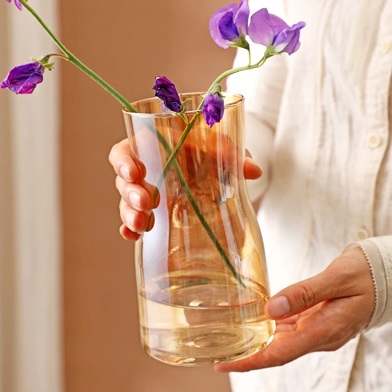创意透明花瓶电镀琥珀色花瓶欧式广口花瓶插花养绿植玫瑰花瓶摆件