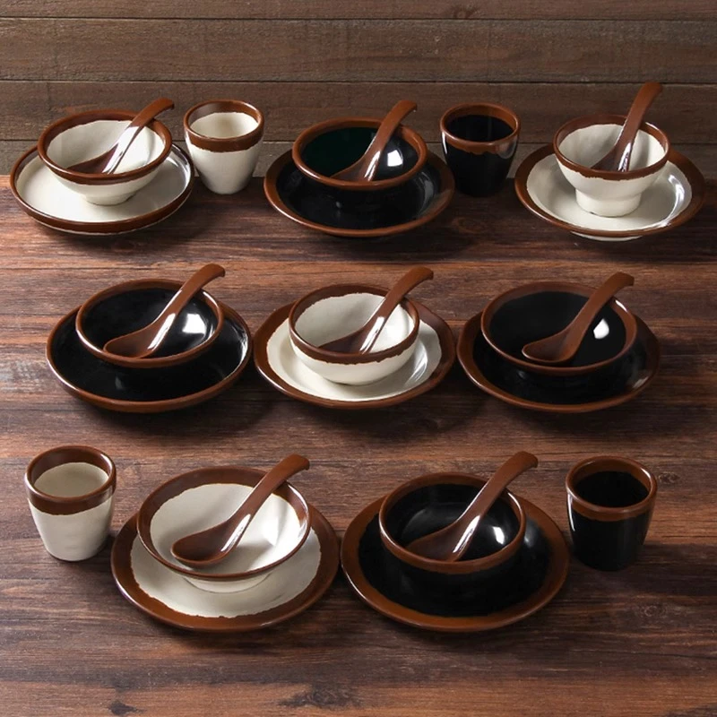 密胺餐具市井怀旧复古地摊风火锅店摆台四件套碗碟勺杯土陶套装