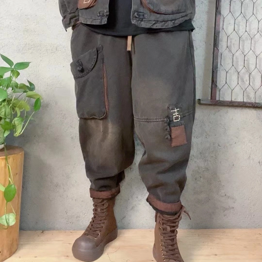 啵啵CM3369大口袋贴吉布盘扣加绒牛仔裤