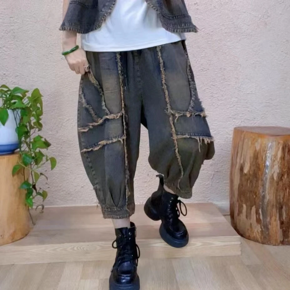 啵啵CM22炒色交叉毛边怀旧牛仔裤