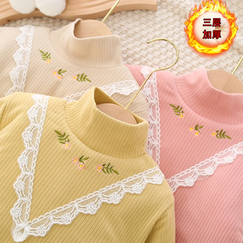 【品牌】2023秋冬儿童三层夹棉加绒加厚打底衫女童高领保暖洋气上衣