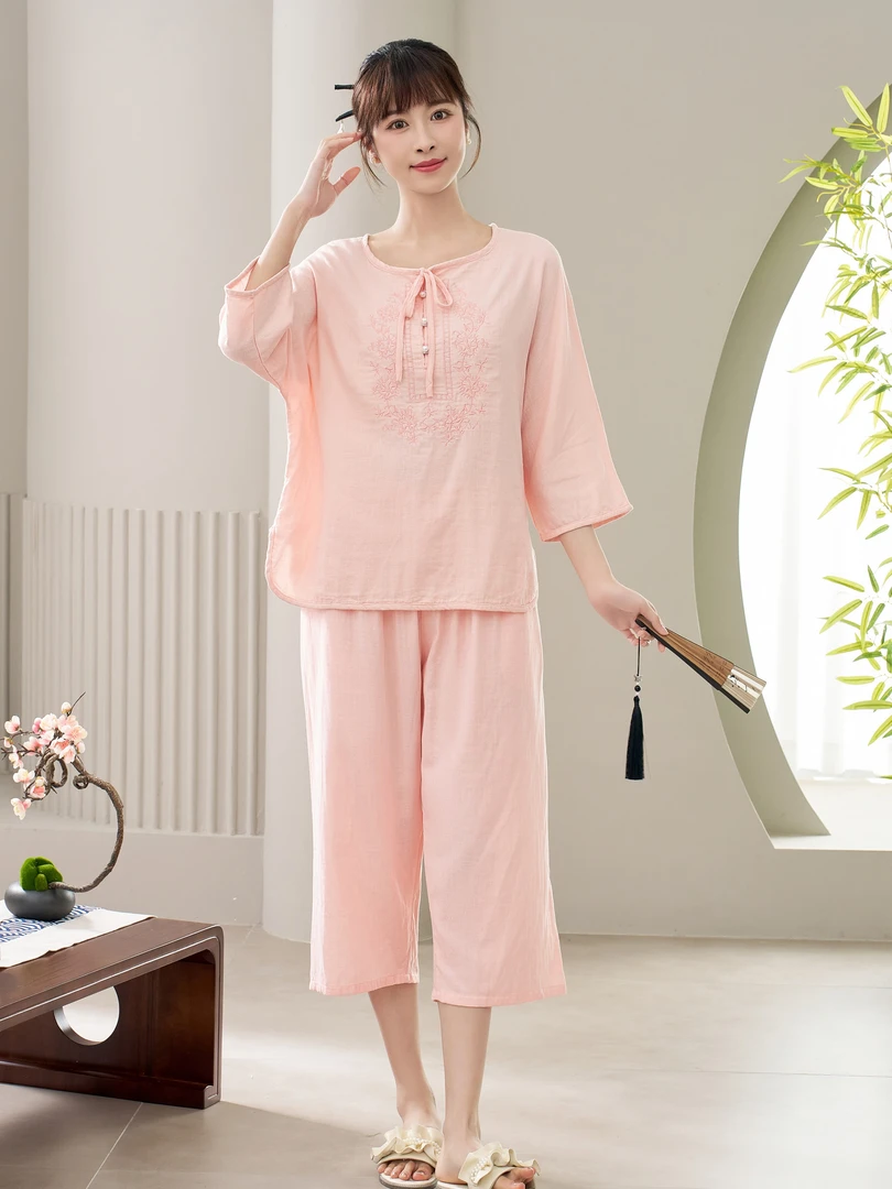 夏季国风睡衣七分袖八分裤家居服套装