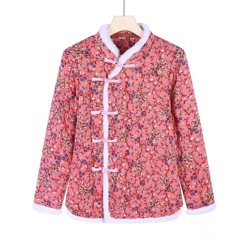 冬季新款 加绒加厚复古盘扣民族风花棉袄