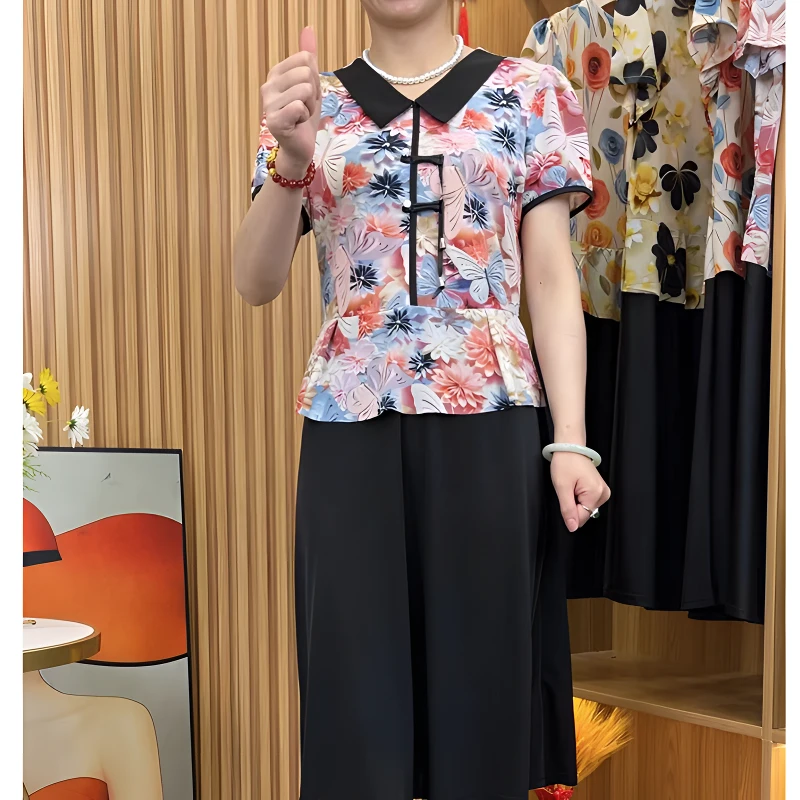 夏季新款  时尚妈妈中高端复古国风碎花减龄中式两件套连衣裙