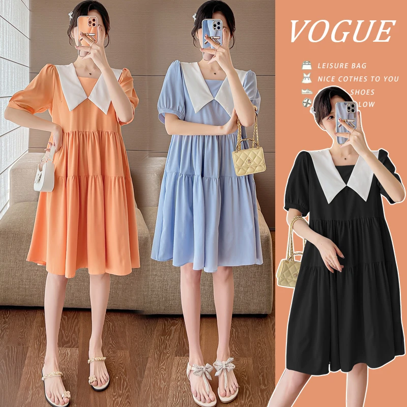 孕妇装夏季中长款雪纺连衣裙2024新款短袖娃娃领宽松遮肚公主裙