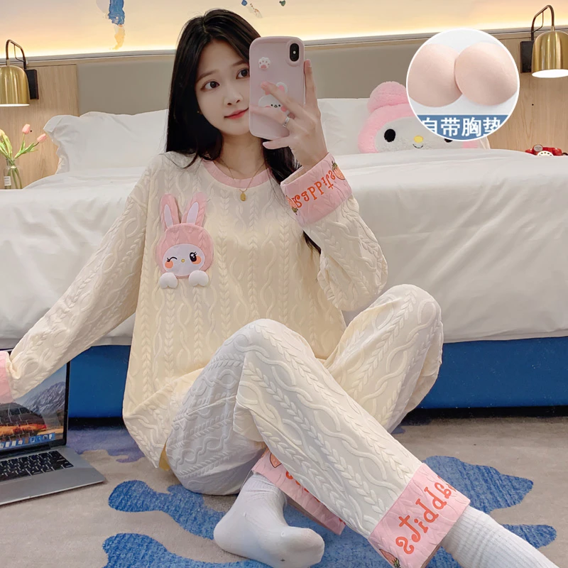 带胸垫长袖睡衣女春秋季新款套装2024春天网红棉质卡通女士家居服