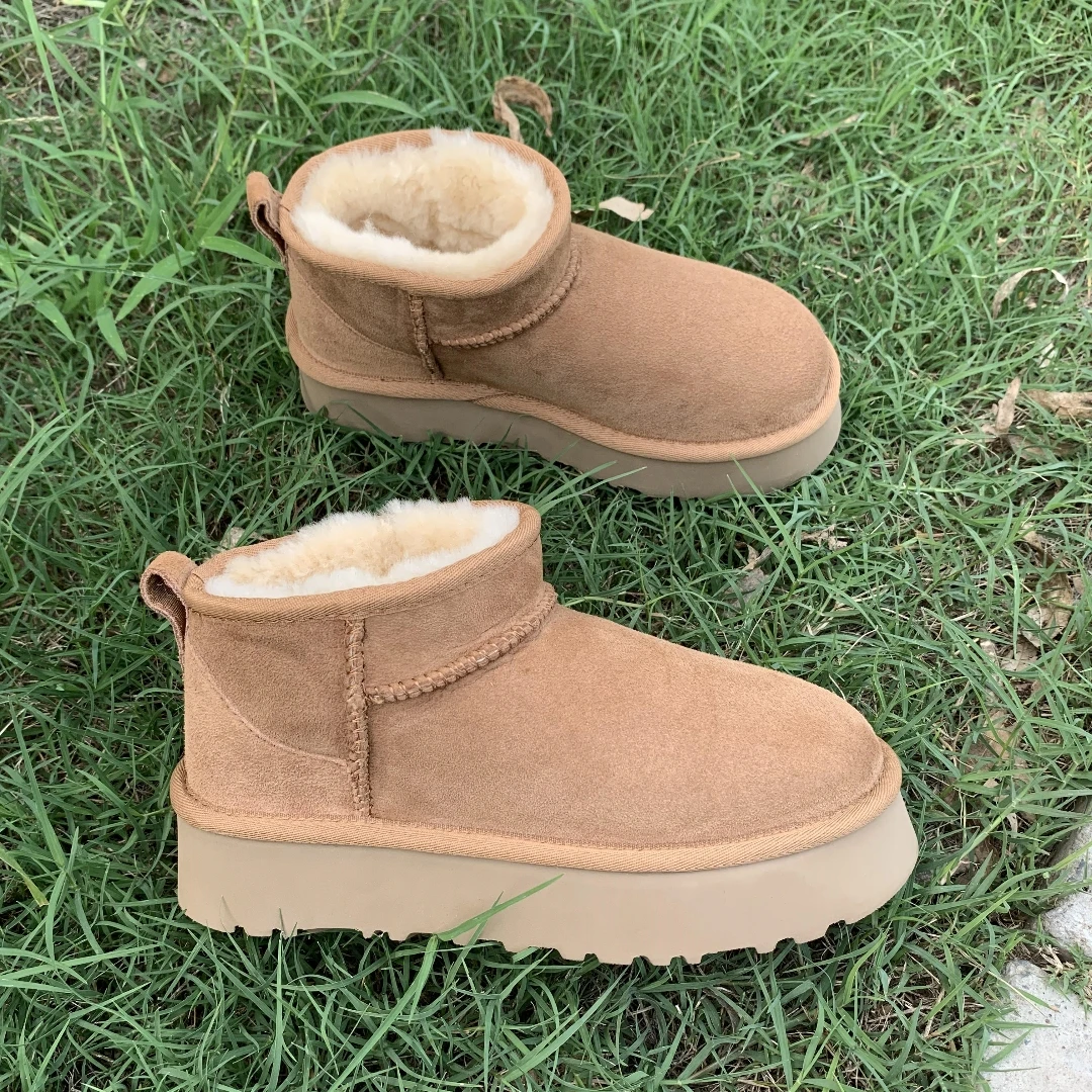 厚底周冬雨MINI（跟高4厘米） 桑坡低筒一脚蹬增高羊皮毛一体雪地靴