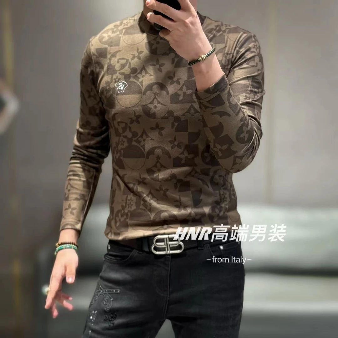 复古风印花新款高端男士时尚休闲百搭潮流长袖T恤7129