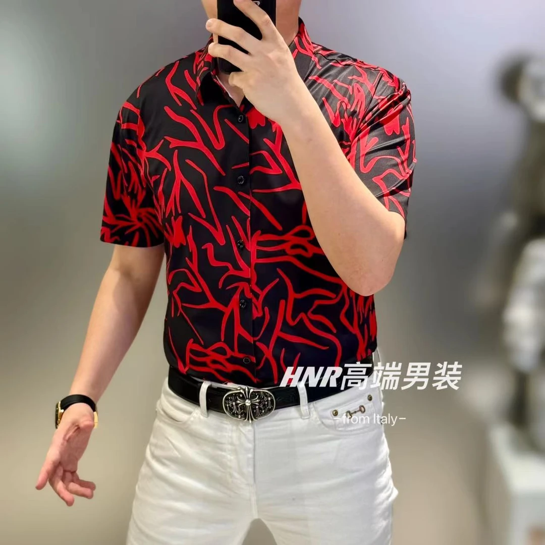 热烈火纹图案新款男士潮流时尚休闲百搭高品质男款T恤衬衫63371