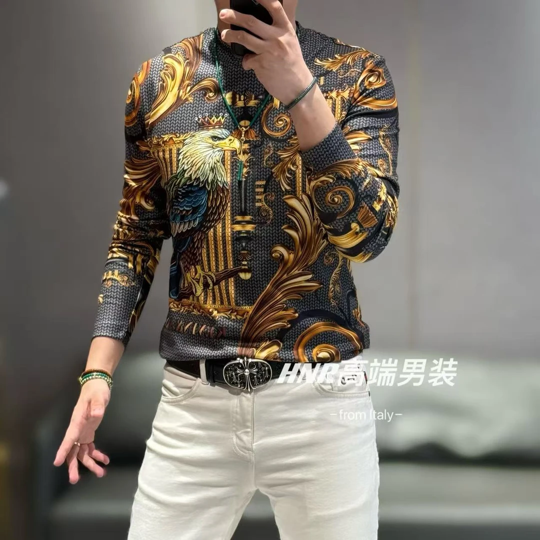 双面澳绒贵族老鹰图案新款个性高端男士时尚休闲圆领长袖T恤7057