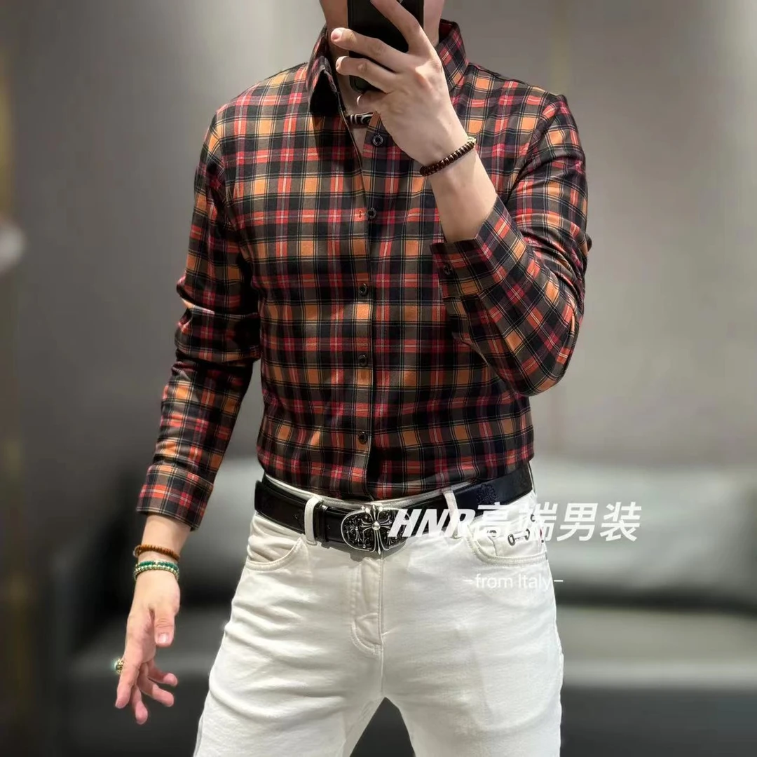 双面摩卡绒格子新款高端男士时尚休闲百搭潮流长袖衬衫9580